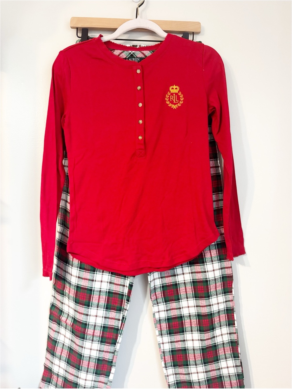 Lauren Ralph Lauren Pajama Set Womens S red & green Plaid Flannel Crest 2 Piece